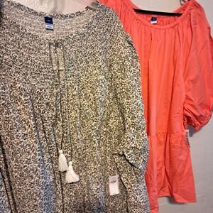 Old Navy Women’s 4X Smocked Peasant Brown Top Coral Swing Blouse Lot
